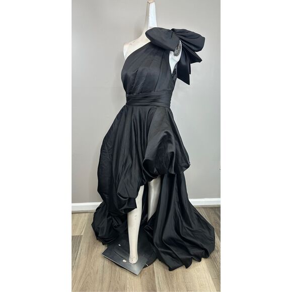 Mac Duggal Black Satin One Shoulder Bow Gown Size US16 $598 - Picture 6 of 10